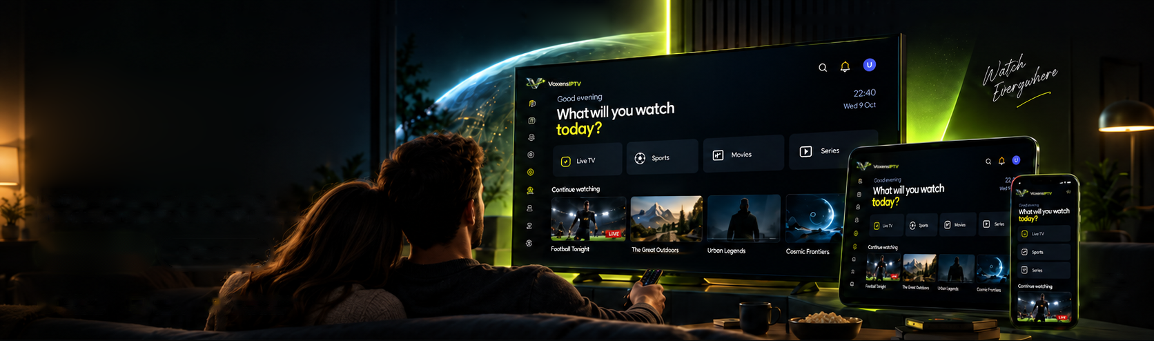 A couple watching VoxensIPTV on a TV, tablet and phone